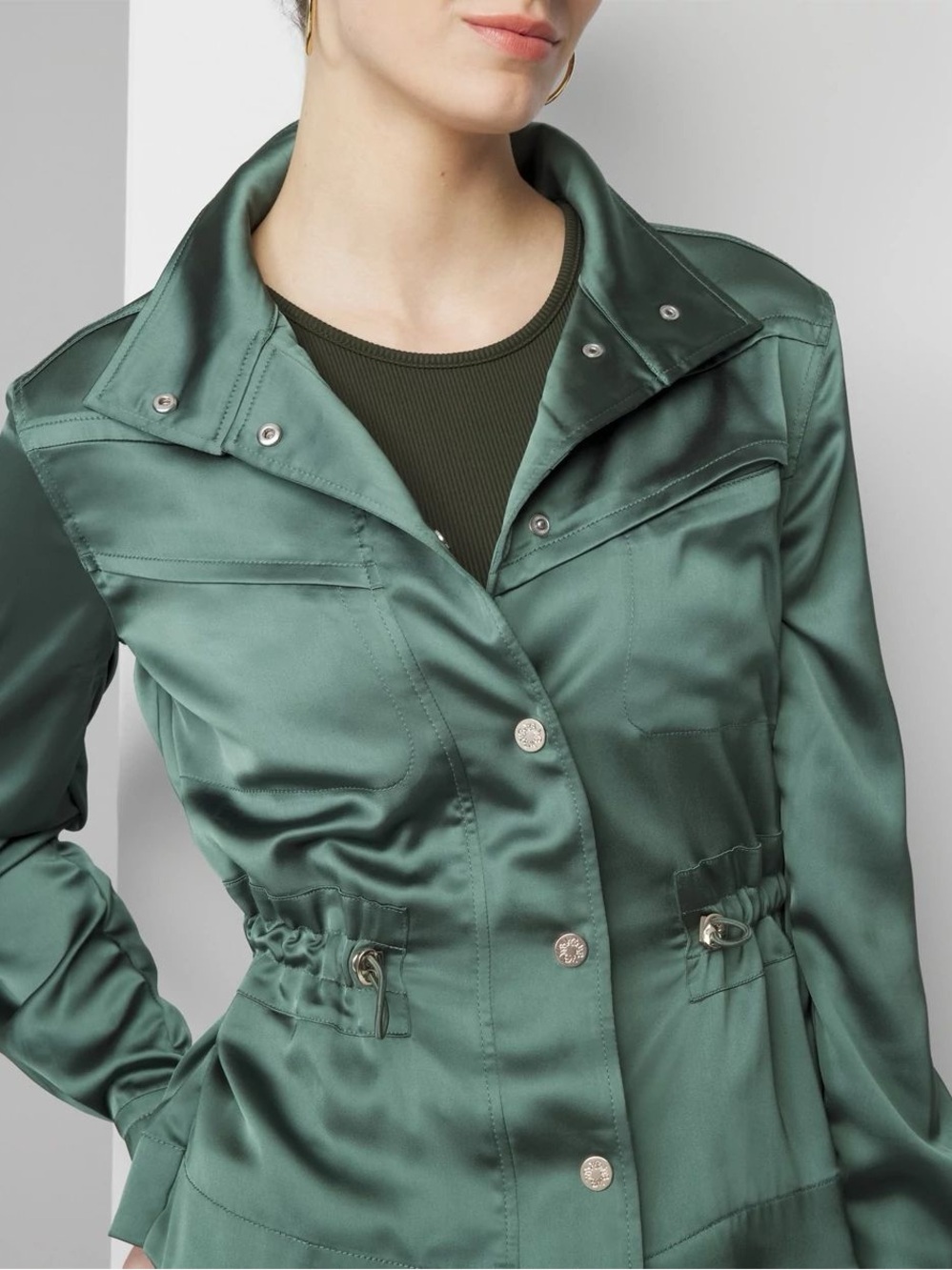 White House Black Market Satin Utility Anorak Jacket in Emerald Green